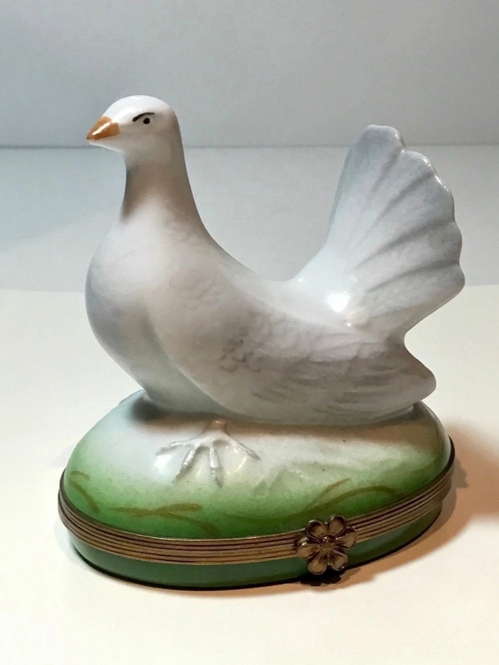Limoges Castel Porcelain Dove Trinket Box in Green & White